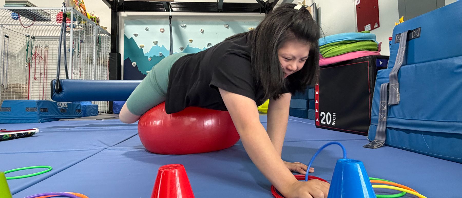 A client reaches for rings while balancing over a therapy ball